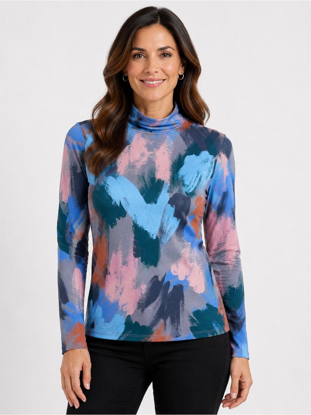FDJ French Dressing Jeans Women’s Small Abstract Brushstroke Mock Neck Long Slee